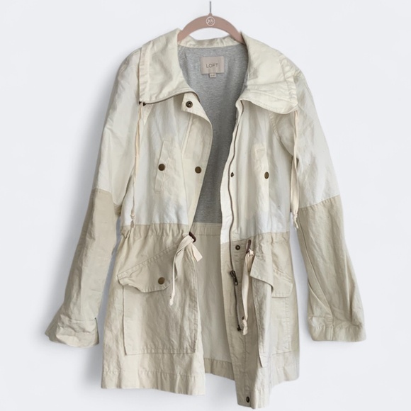 LOFT Anorak Jacket Neutral Linen Cotton Colorblock Drawstring Waist SZ XS (S) - Picture 4 of 13